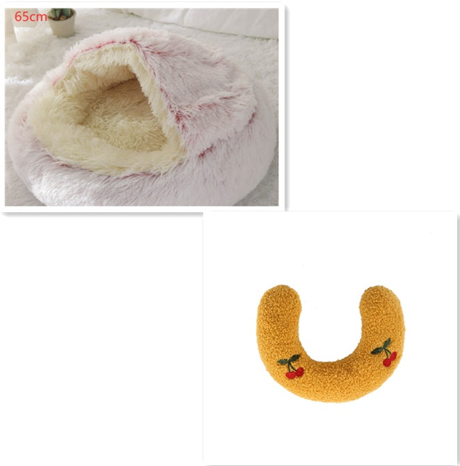 2 In 1 Winter Warm Round Plush Pet Bed House Soft Long Fur Nest