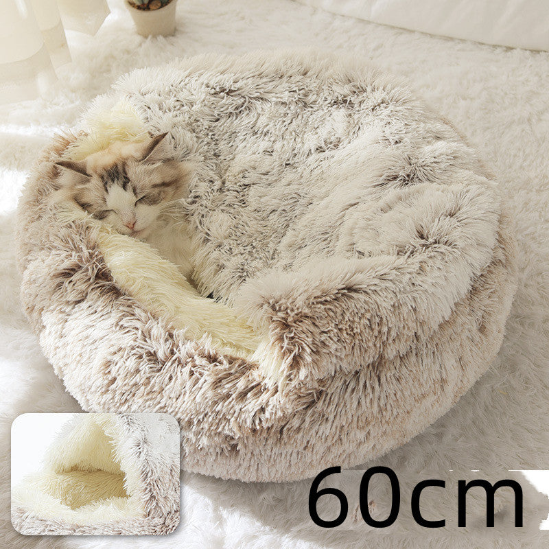 2 In 1 Winter Warm Round Plush Pet Bed House Soft Long Fur Nest