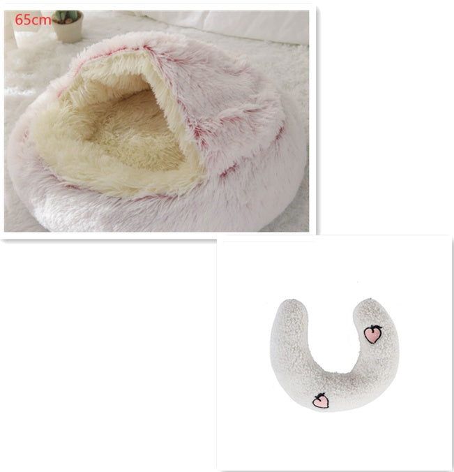 2 In 1 Winter Warm Round Plush Pet Bed House Soft Long Fur Nest