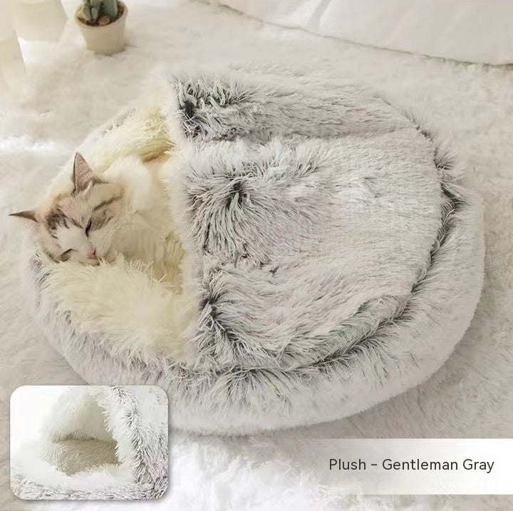 2 In 1 Winter Warm Round Plush Pet Bed House Soft Long Fur Nest