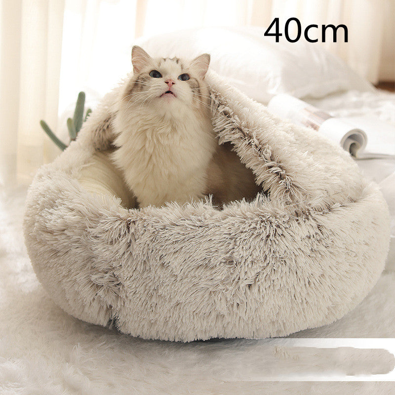 2 In 1 Winter Warm Round Plush Pet Bed House Soft Long Fur Nest