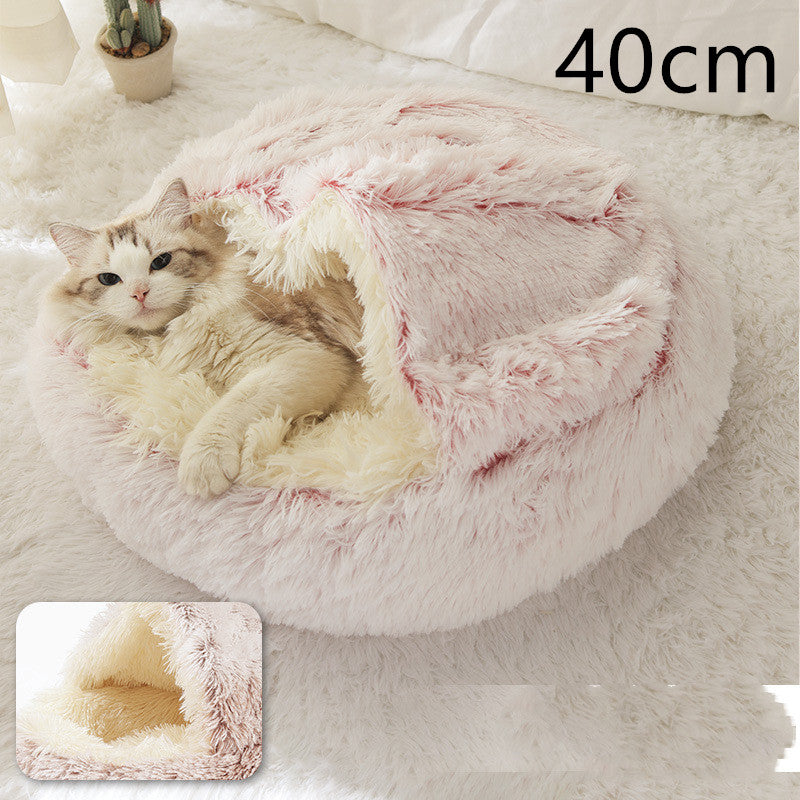 2 In 1 Winter Warm Round Plush Pet Bed House Soft Long Fur Nest