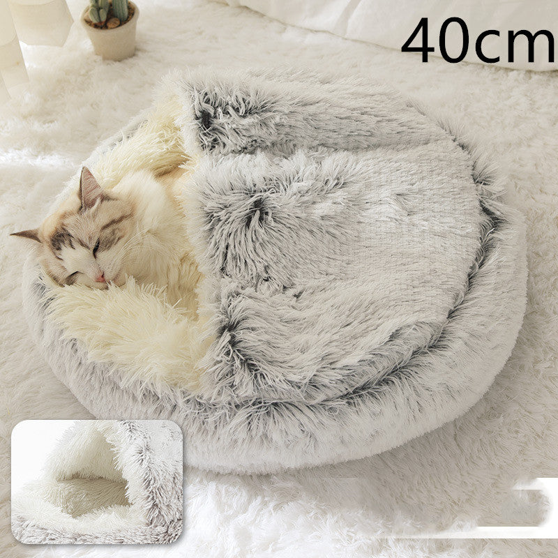 2 In 1 Winter Warm Round Plush Pet Bed House Soft Long Fur Nest