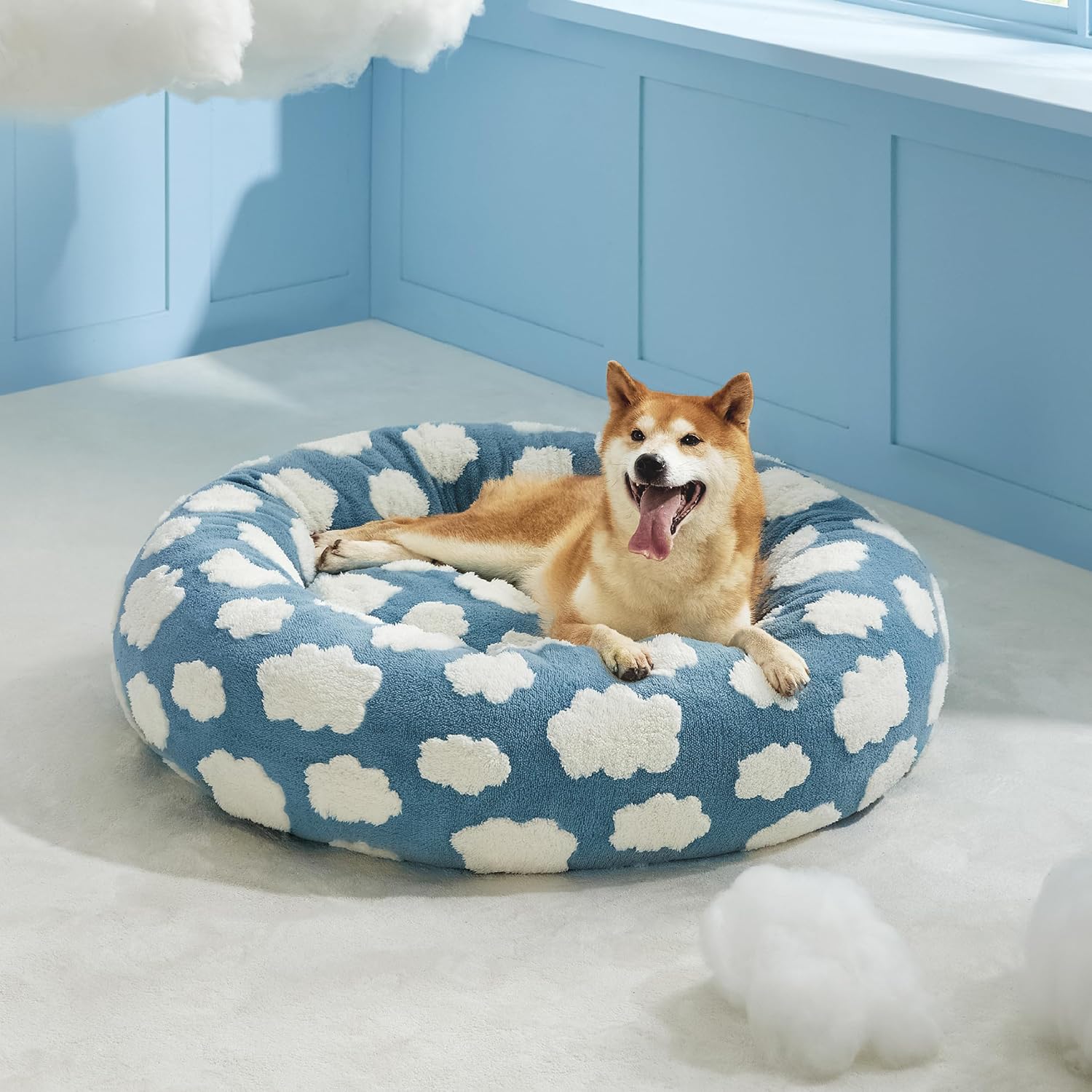 Round Donut Style Calming Pet Bed Jacquard Shaggy Plush Anti Slip Base Bed