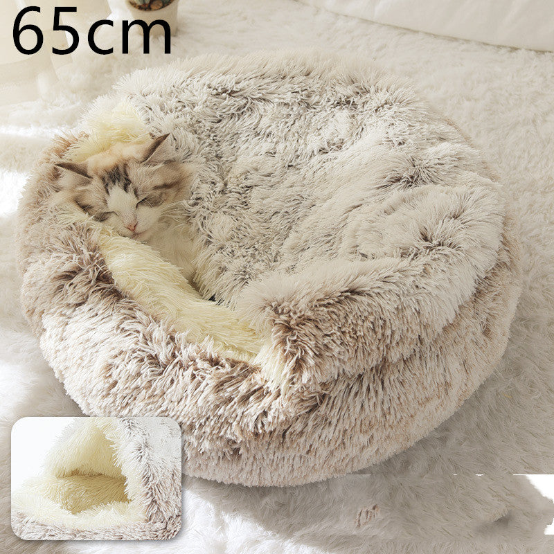2 In 1 Winter Warm Round Plush Pet Bed House Soft Long Fur Nest