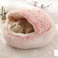 2 In 1 Winter Warm Round Plush Pet Bed House Soft Long Fur Nest