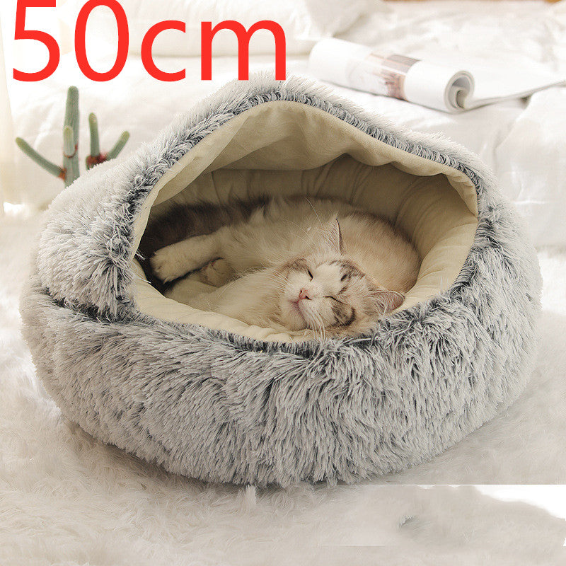 2 In 1 Winter Warm Round Plush Pet Bed House Soft Long Fur Nest