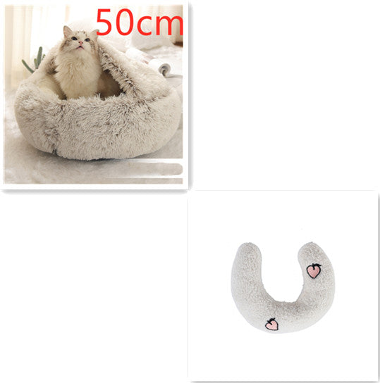 2 In 1 Winter Warm Round Plush Pet Bed House Soft Long Fur Nest