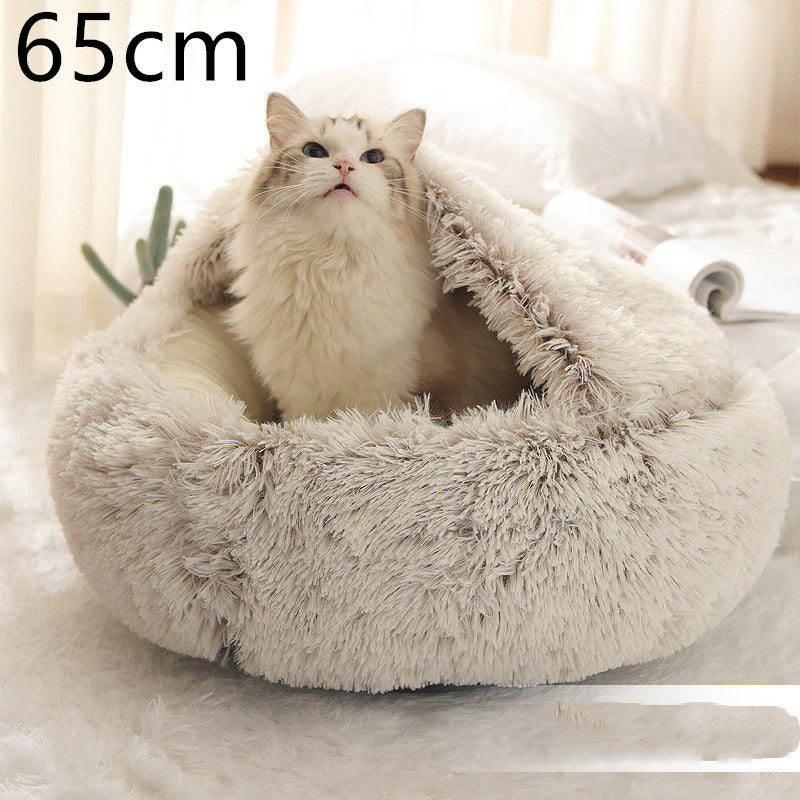 2 In 1 Winter Warm Round Plush Pet Bed House Soft Long Fur Nest
