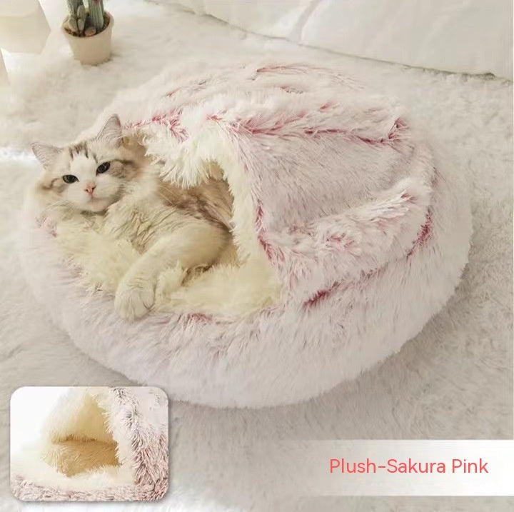 2 In 1 Winter Warm Round Plush Pet Bed House Soft Long Fur Nest