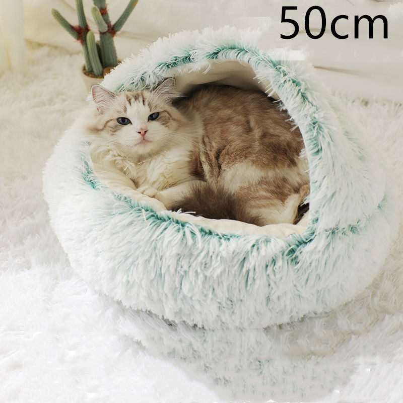 2 In 1 Winter Warm Round Plush Pet Bed House Soft Long Fur Nest