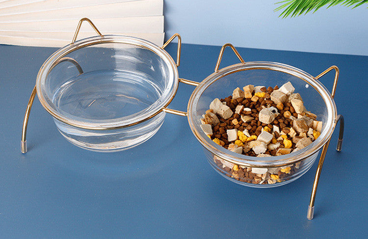 Glass Pet Feeding And Water Bowl With Metal Rack Stand