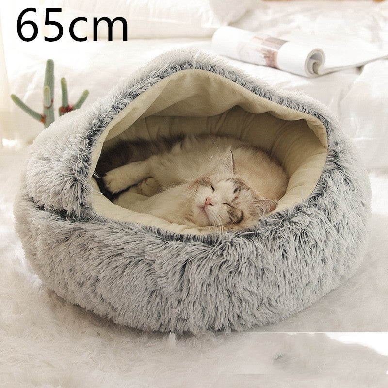 2 In 1 Winter Warm Round Plush Pet Bed House Soft Long Fur Nest