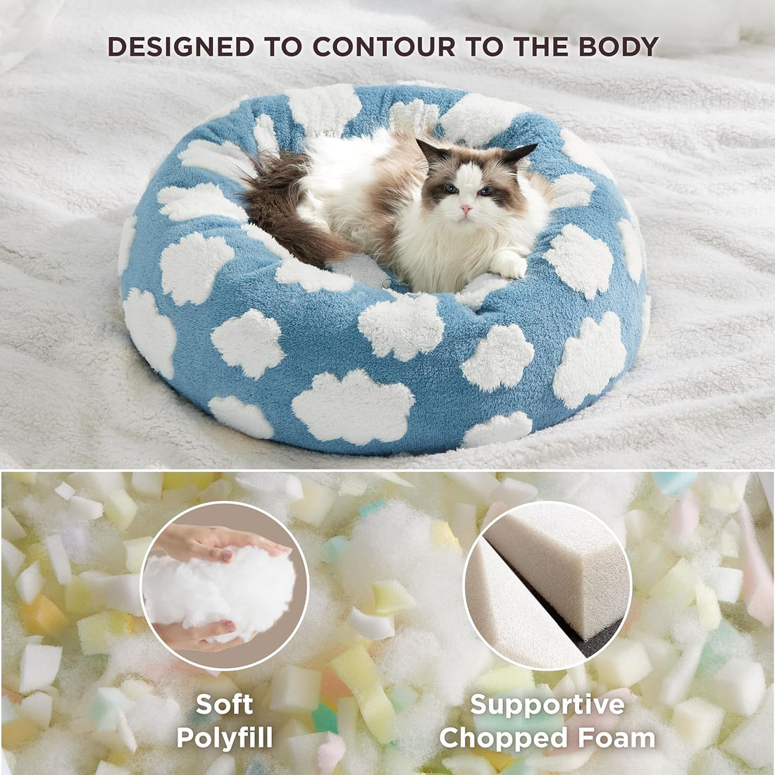 Round Donut Style Calming Pet Bed Jacquard Shaggy Plush Anti Slip Base Bed