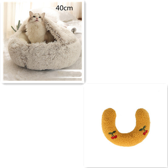 2 In 1 Winter Warm Round Plush Pet Bed House Soft Long Fur Nest