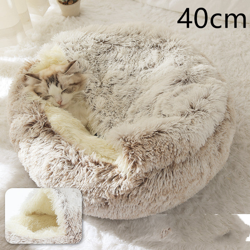 2 In 1 Winter Warm Round Plush Pet Bed House Soft Long Fur Nest