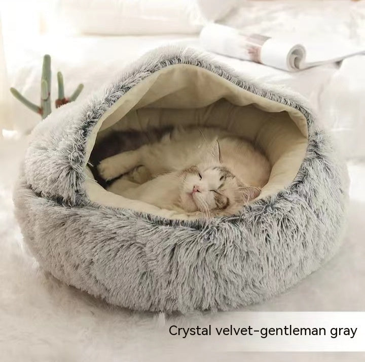 2 In 1 Winter Warm Round Plush Pet Bed House Soft Long Fur Nest