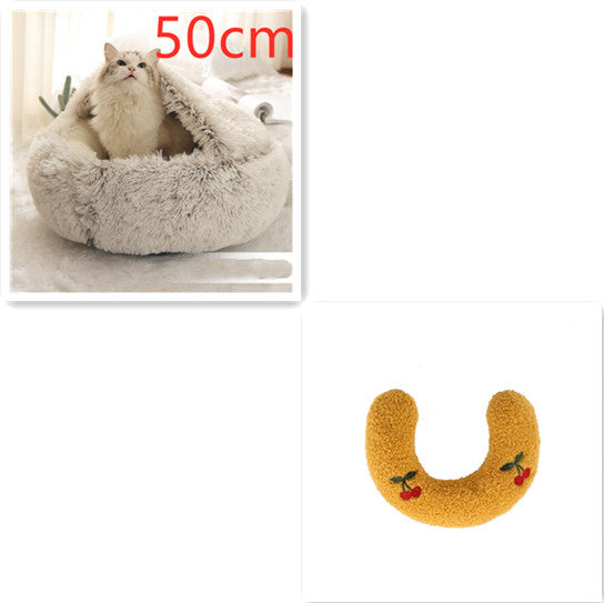 2 In 1 Winter Warm Round Plush Pet Bed House Soft Long Fur Nest
