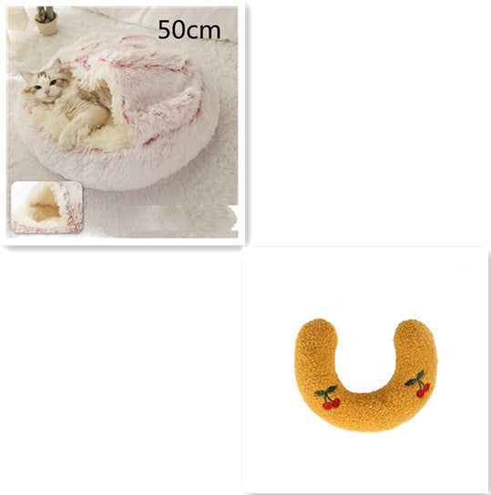 2 In 1 Winter Warm Round Plush Pet Bed House Soft Long Fur Nest