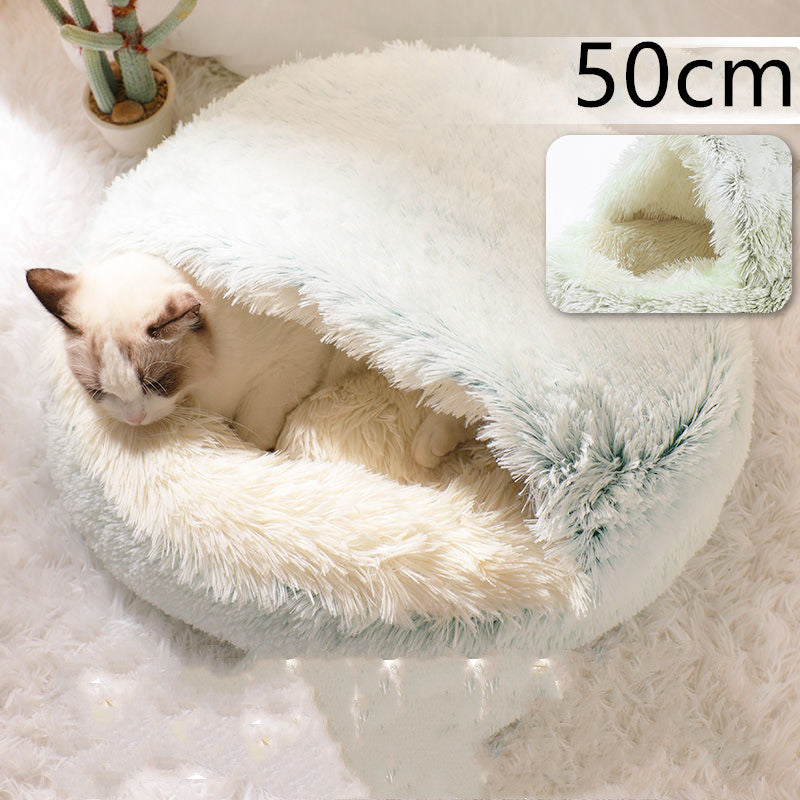 2 In 1 Winter Warm Round Plush Pet Bed House Soft Long Fur Nest