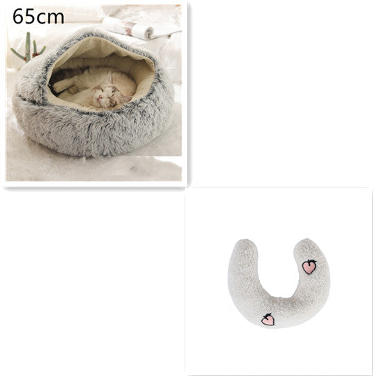 2 In 1 Winter Warm Round Plush Pet Bed House Soft Long Fur Nest