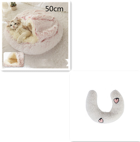 2 In 1 Winter Warm Round Plush Pet Bed House Soft Long Fur Nest