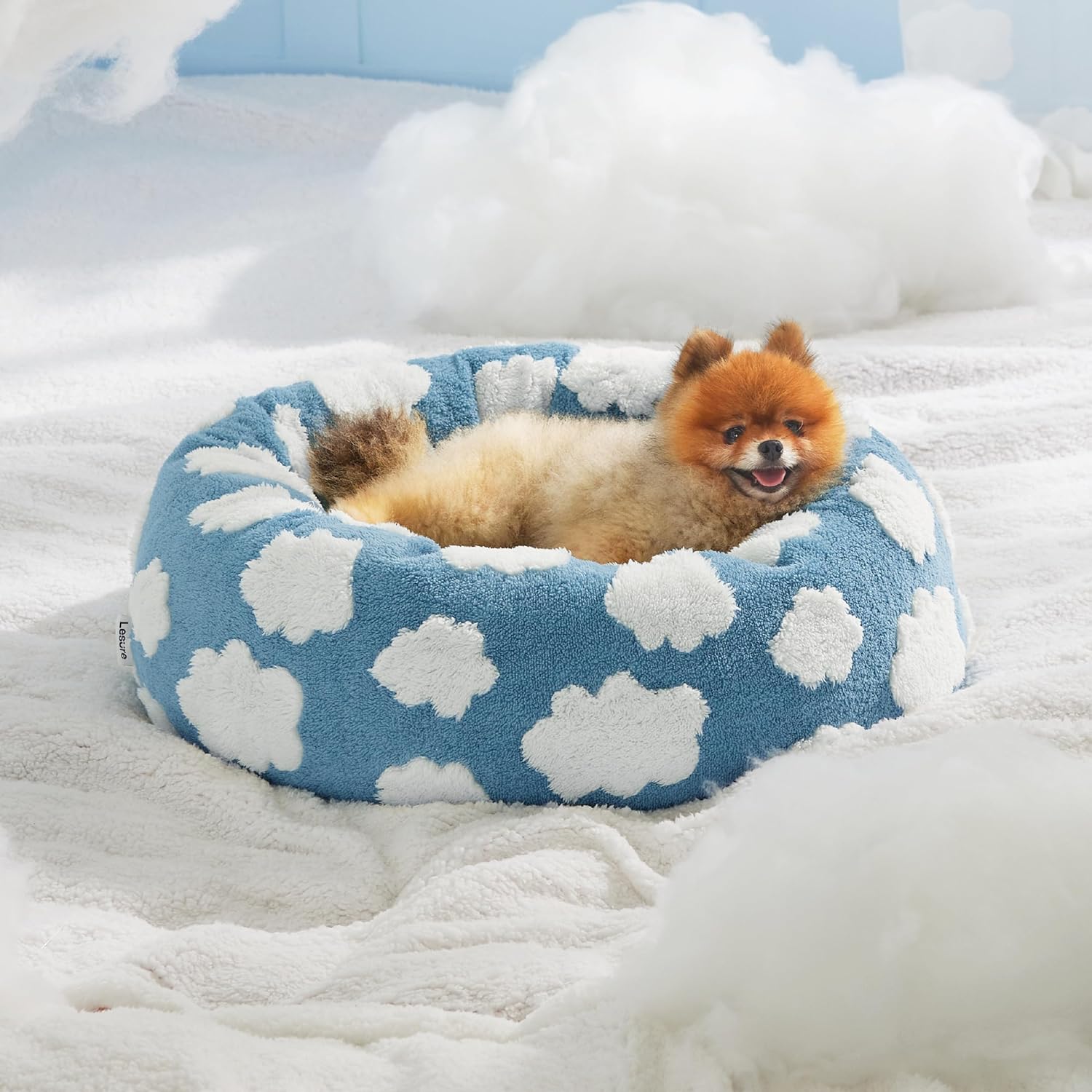 Round Donut Style Calming Pet Bed Jacquard Shaggy Plush Anti Slip Base Bed