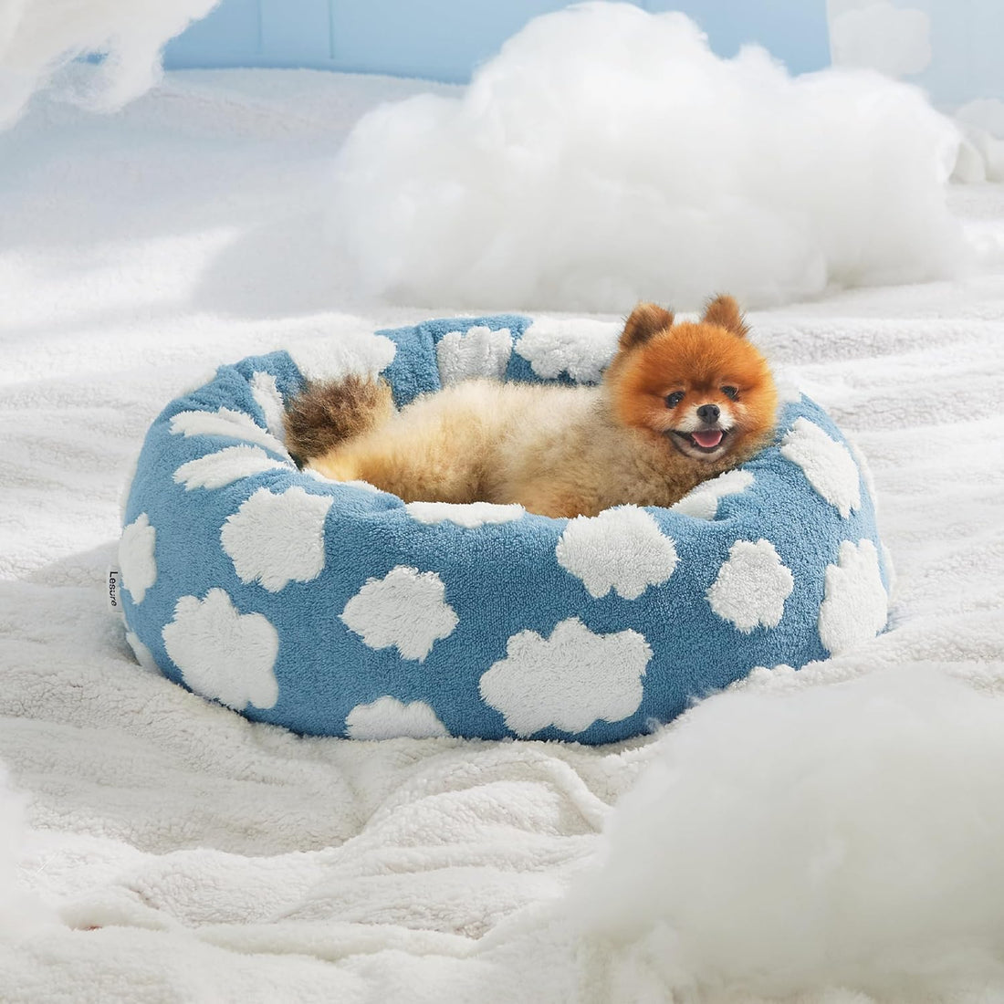 Round Donut Style Calming Pet Bed Jacquard Shaggy Plush Anti Slip Base Bed