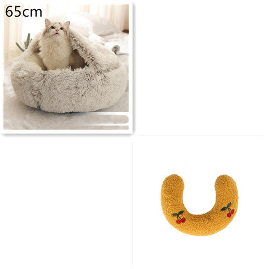 2 In 1 Winter Warm Round Plush Pet Bed House Soft Long Fur Nest