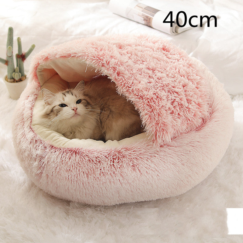 2 In 1 Winter Warm Round Plush Pet Bed House Soft Long Fur Nest