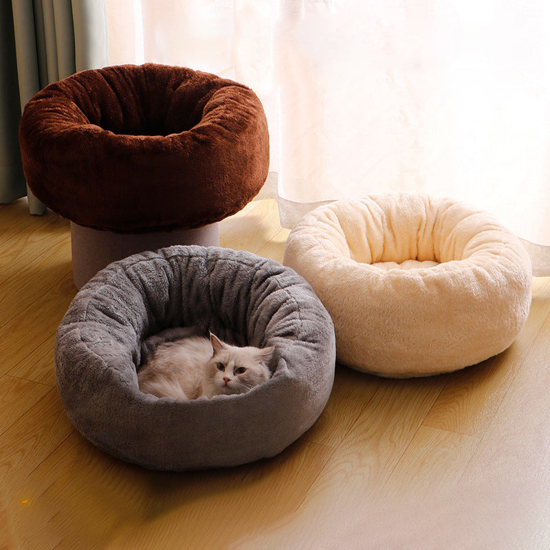 Long Plush Donut Style Round Pet Bed Winter Warm Cushion