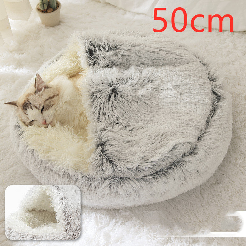 2 In 1 Winter Warm Round Plush Pet Bed House Soft Long Fur Nest