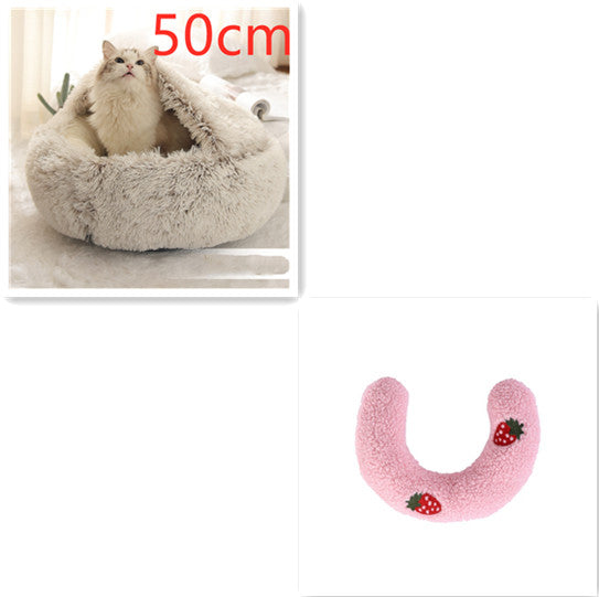 2 In 1 Winter Warm Round Plush Pet Bed House Soft Long Fur Nest