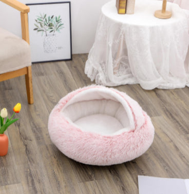 2 In 1 Winter Warm Round Plush Pet Bed House Soft Long Fur Nest