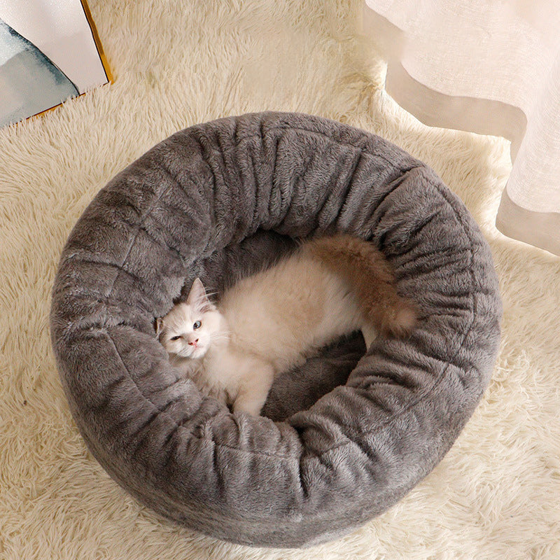Long Plush Donut Style Round Pet Bed Winter Warm Cushion