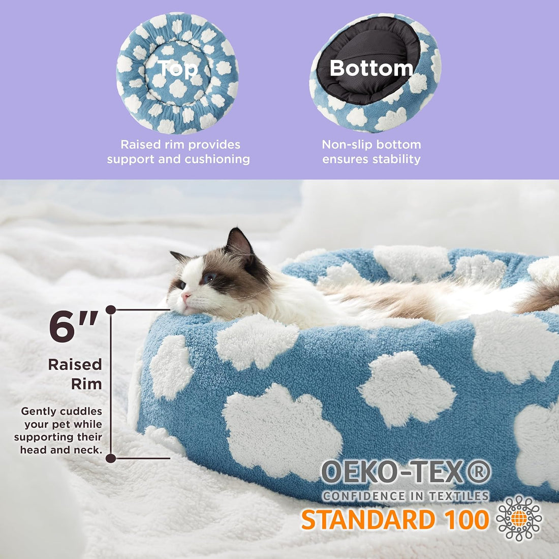Round Donut Style Calming Pet Bed Jacquard Shaggy Plush Anti Slip Base Bed