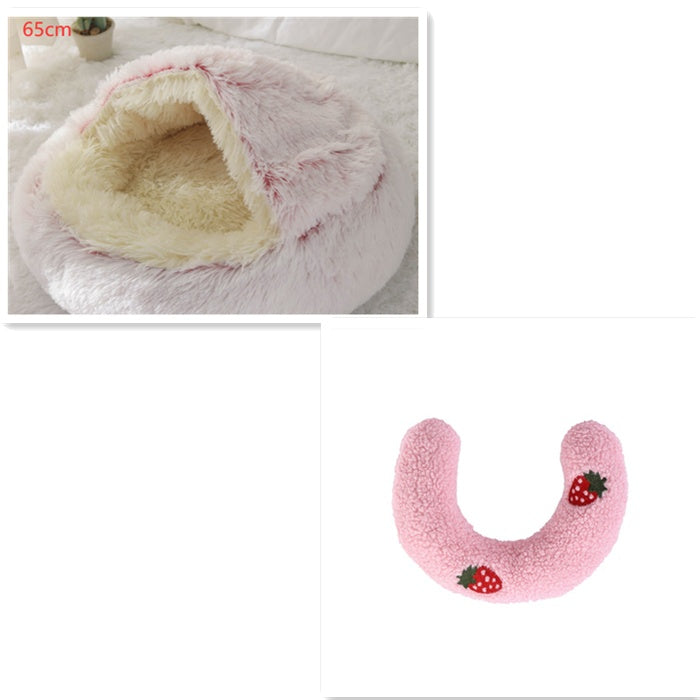 2 In 1 Winter Warm Round Plush Pet Bed House Soft Long Fur Nest