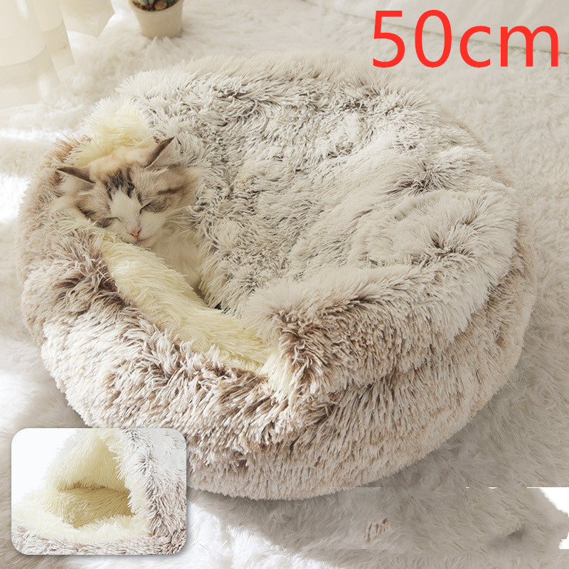 2 In 1 Winter Warm Round Plush Pet Bed House Soft Long Fur Nest