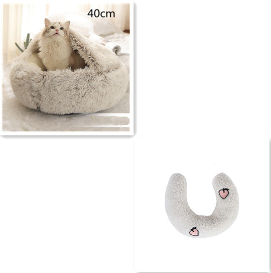 2 In 1 Winter Warm Round Plush Pet Bed House Soft Long Fur Nest