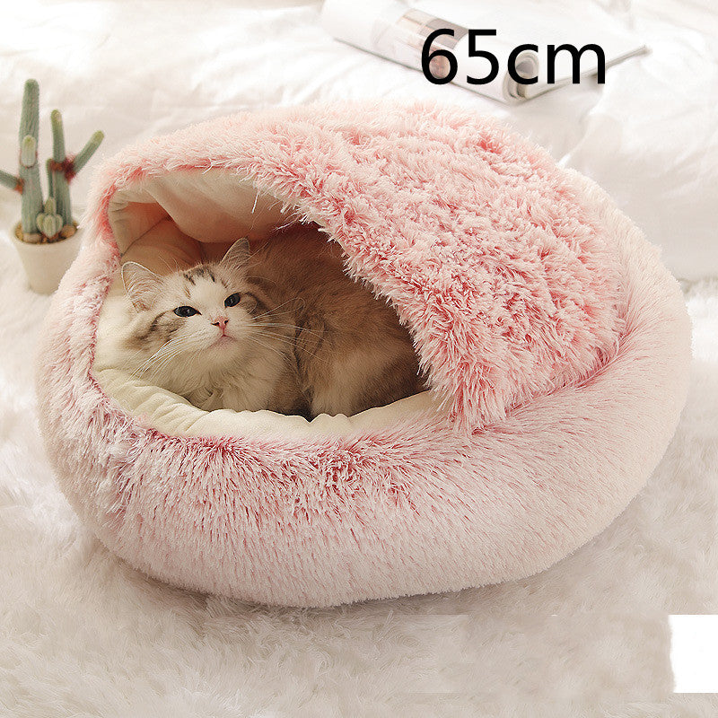 2 In 1 Winter Warm Round Plush Pet Bed House Soft Long Fur Nest