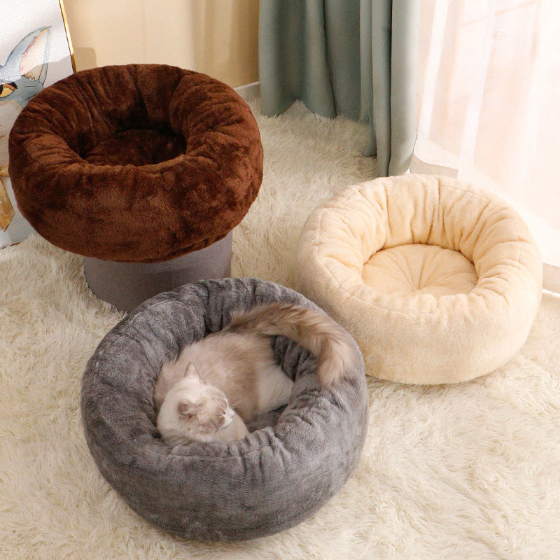 Long Plush Donut Style Round Pet Bed Winter Warm Cushion