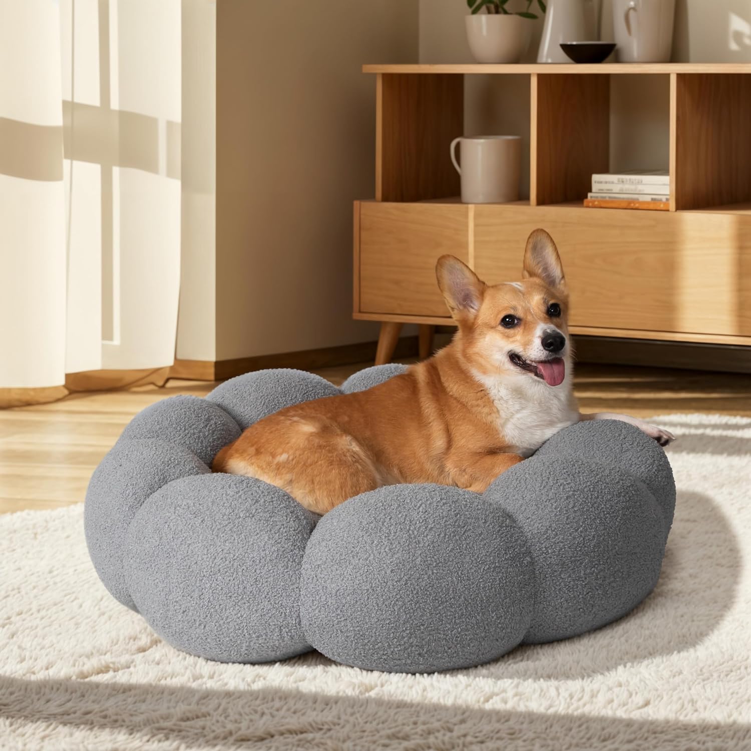 Fluffy Flower Style Plush Round Donut Calming Pet Bed Non Slip Machine Washable Cuddler Nest