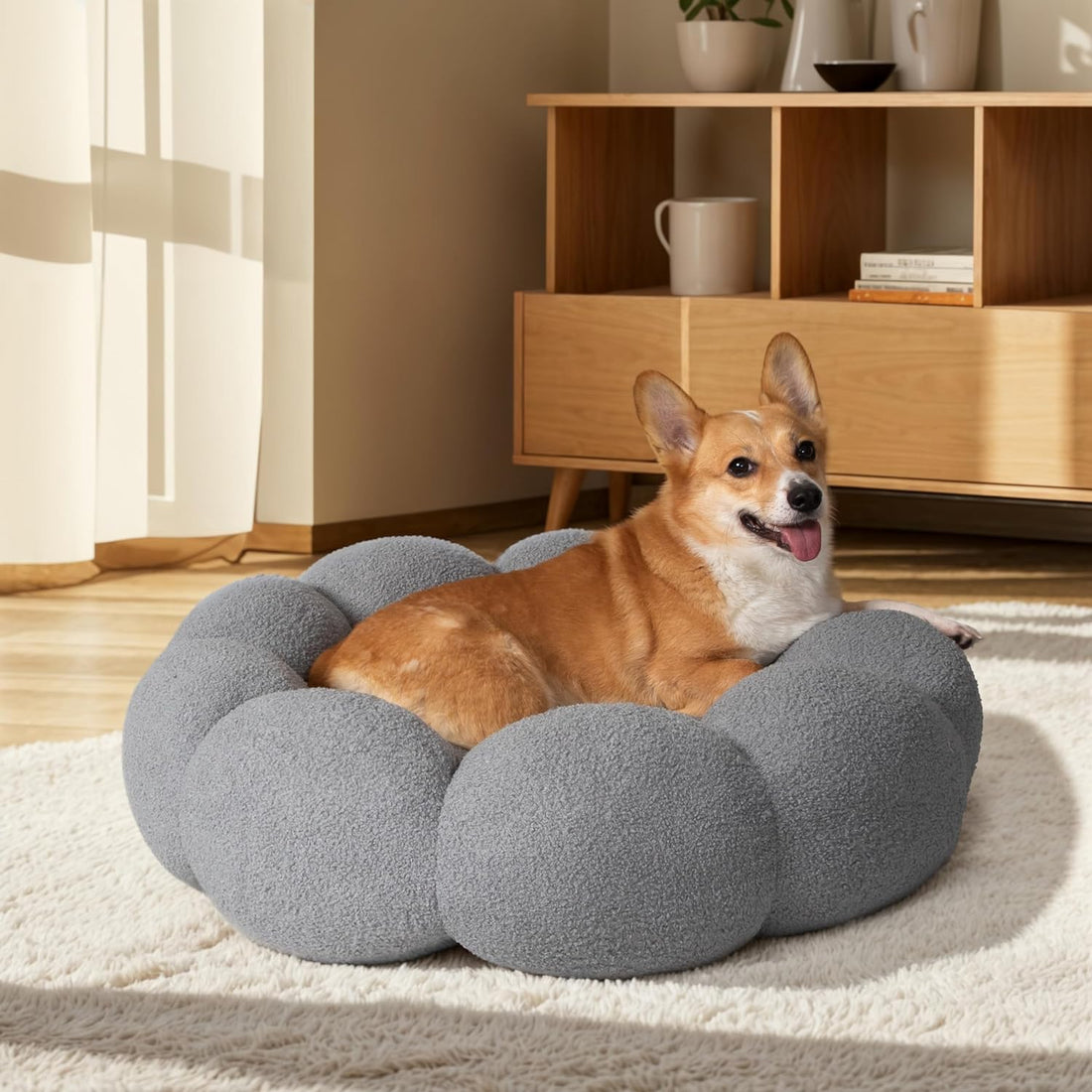 Fluffy Flower Style Plush Round Donut Calming Pet Bed Non Slip Machine Washable Cuddler Nest