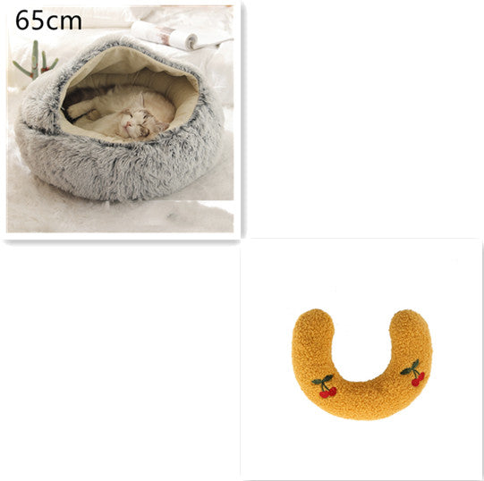 2 In 1 Winter Warm Round Plush Pet Bed House Soft Long Fur Nest