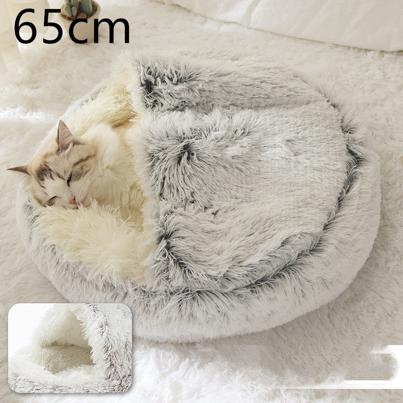 2 In 1 Winter Warm Round Plush Pet Bed House Soft Long Fur Nest