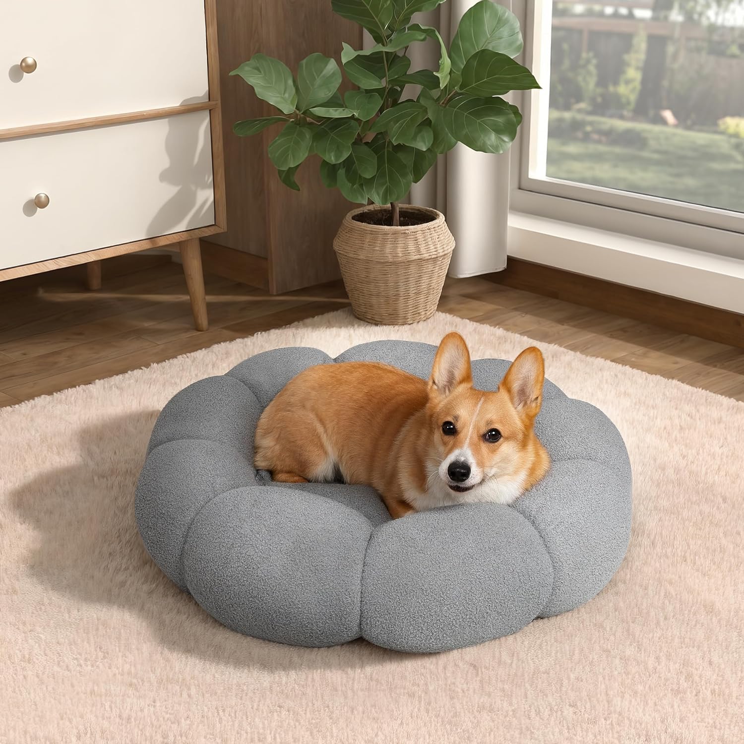 Fluffy Flower Style Plush Round Donut Calming Pet Bed Non Slip Machine Washable Cuddler Nest