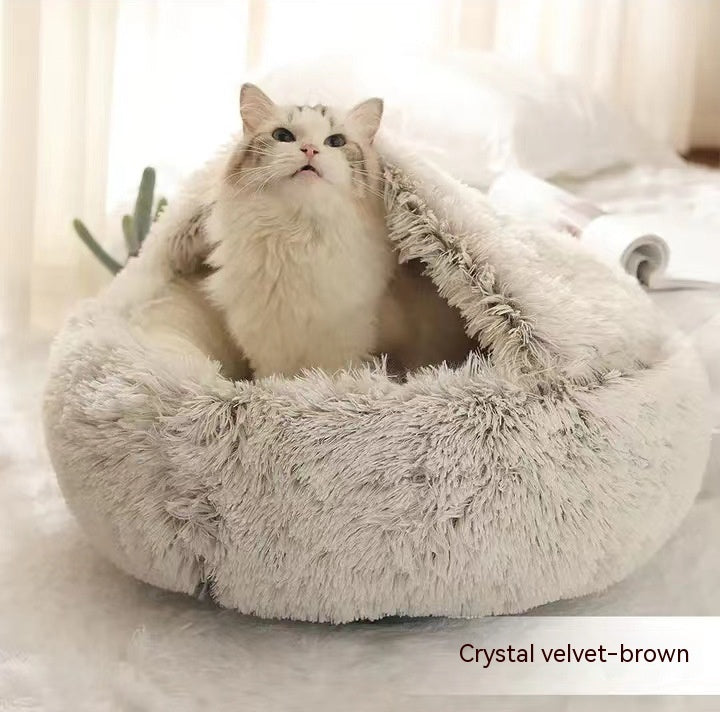 2 In 1 Winter Warm Round Plush Pet Bed House Soft Long Fur Nest