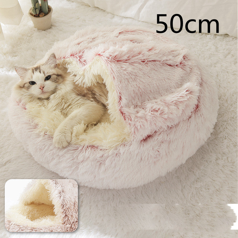 2 In 1 Winter Warm Round Plush Pet Bed House Soft Long Fur Nest