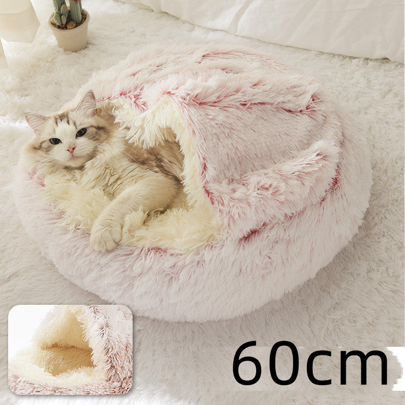 2 In 1 Winter Warm Round Plush Pet Bed House Soft Long Fur Nest