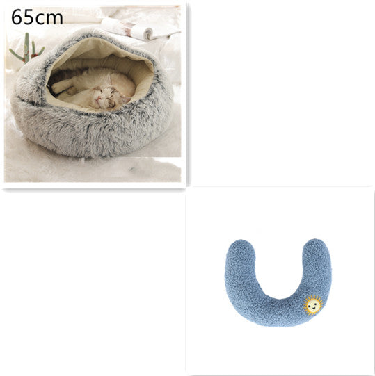 2 In 1 Winter Warm Round Plush Pet Bed House Soft Long Fur Nest
